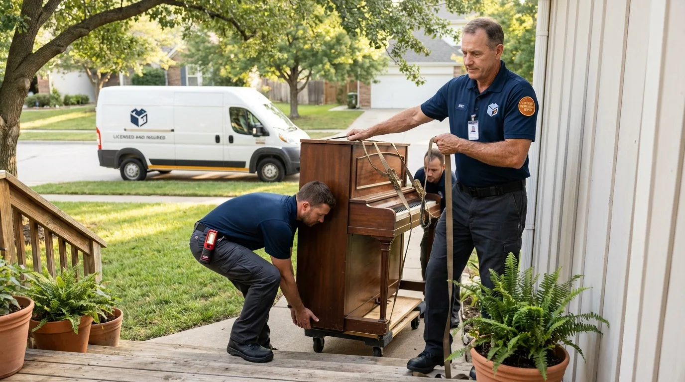 Licensed piano movers securing grand piano in Cidra, PR